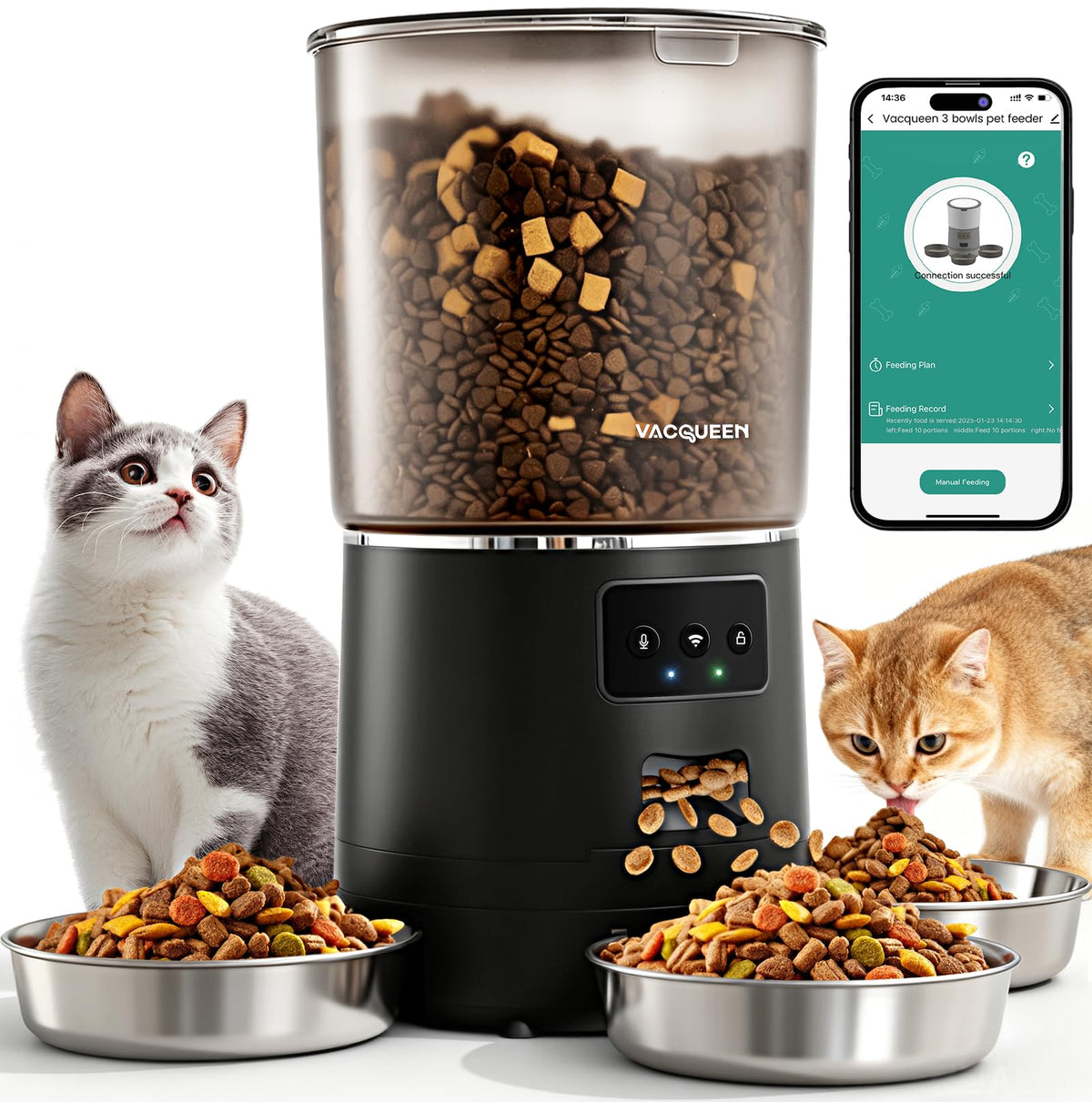 Vacqueen comedero automático para gatos con 3 tazones y control de porciones.