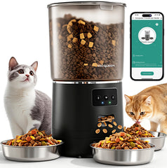 Vacqueen comedero automático para gatos con 3 tazones y control de porciones.