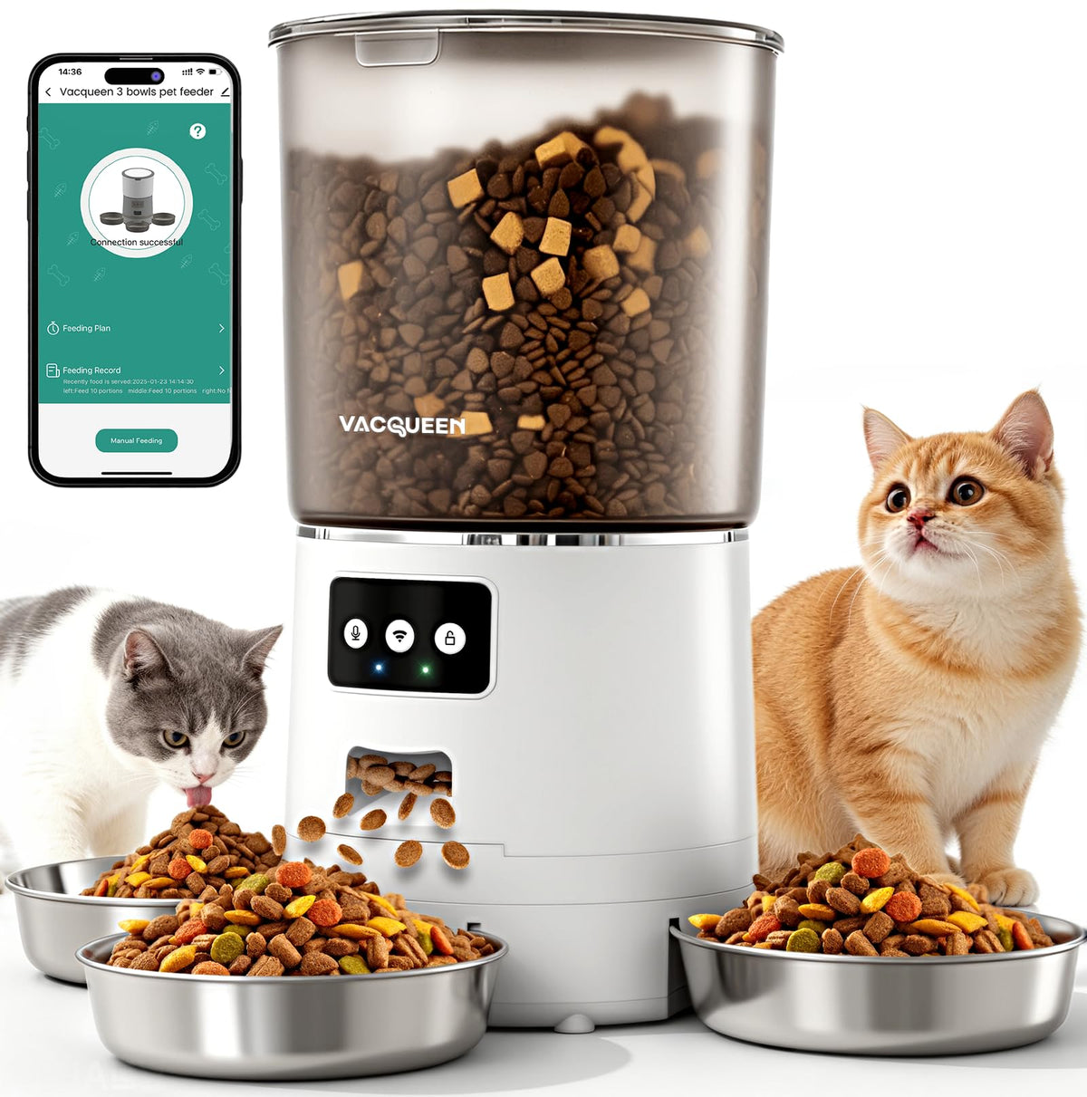 Vacqueen comedero automático para gatos con 3 tazones y porciones ajustables.