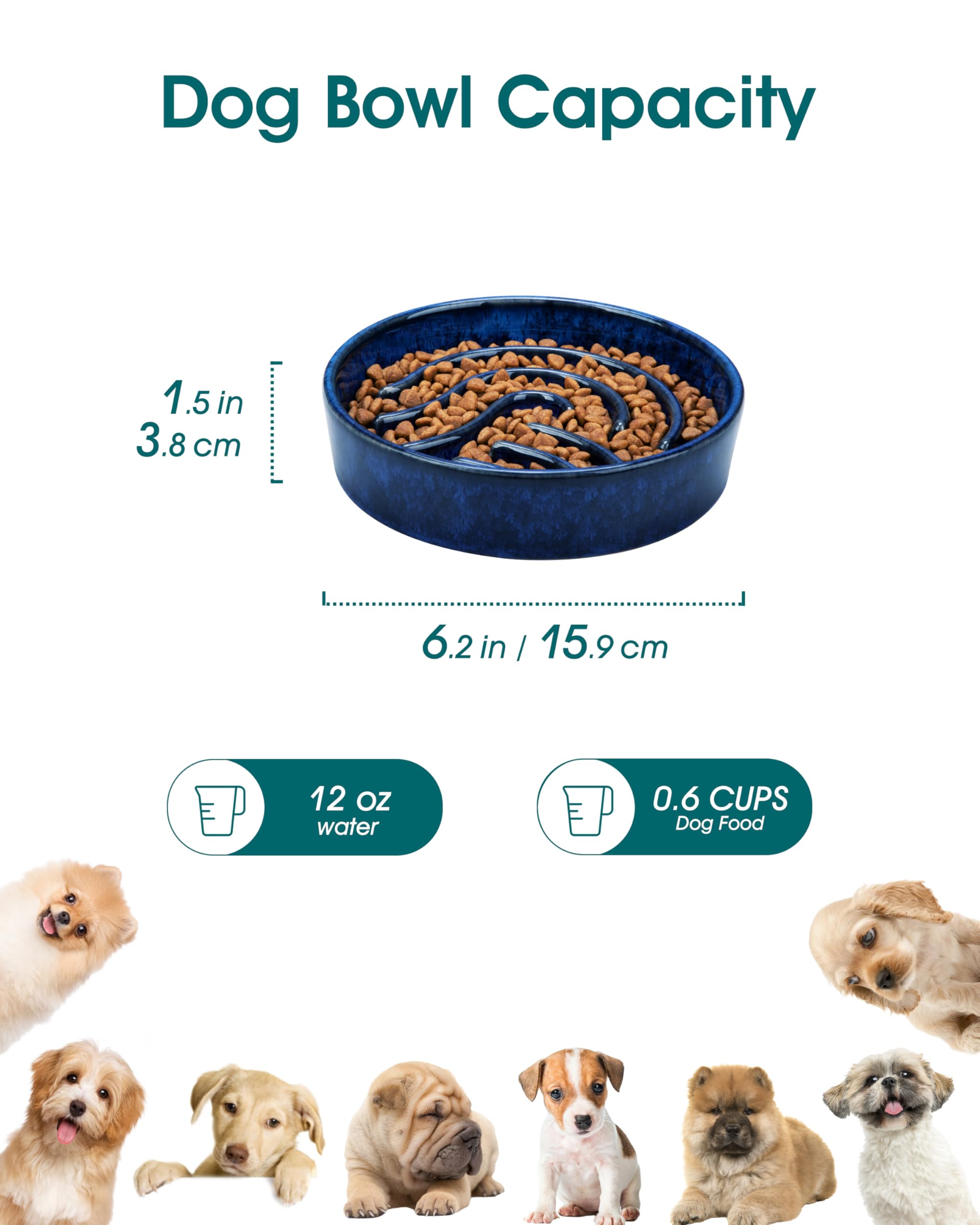 Diseño laberinto en tazón cerámico azul para estimulación mental del perro