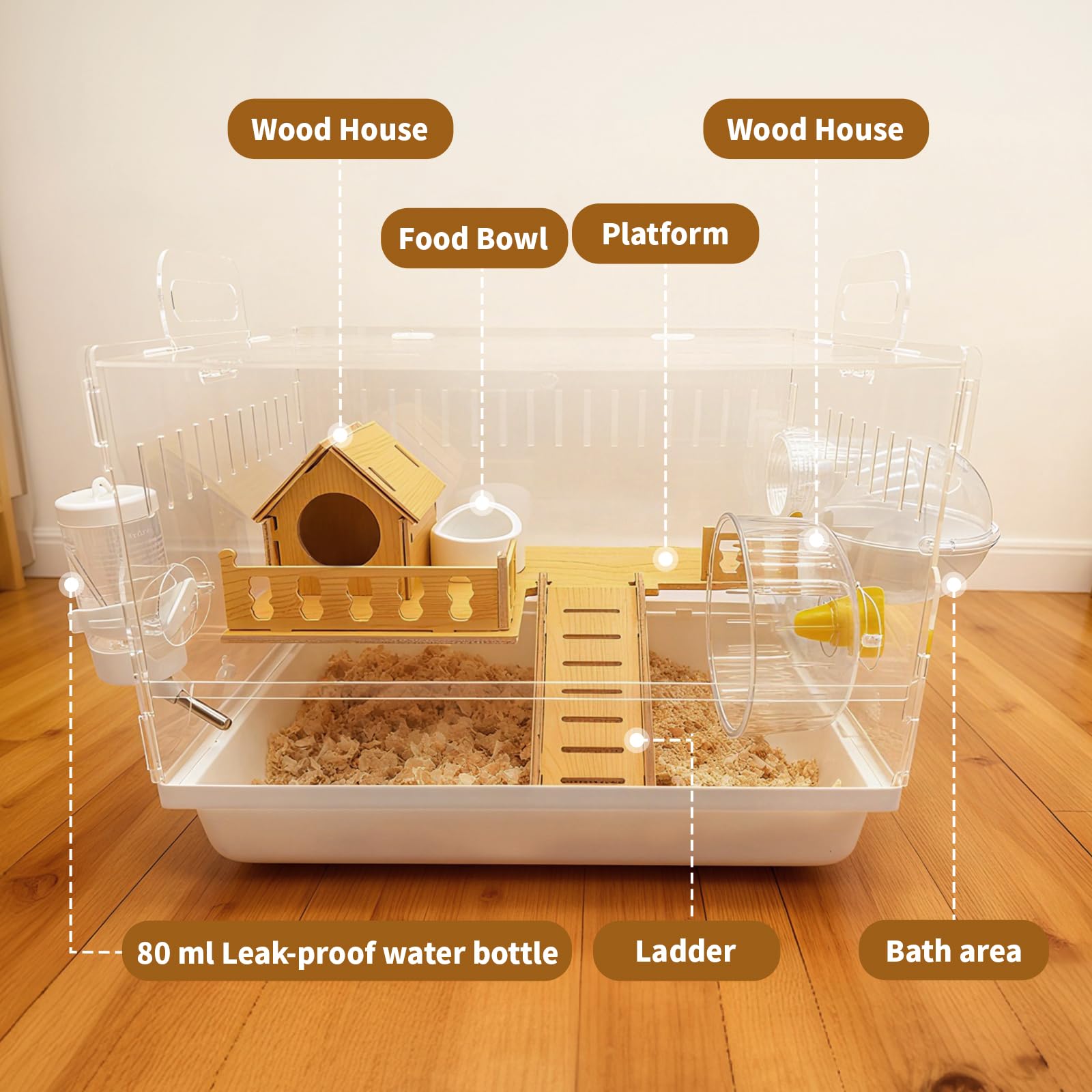 Varrisin jaula acrílica con accesorios de madera para un interior natural y variado.