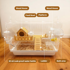 Varrisin jaula acrílica con accesorios de madera para un interior natural y variado.