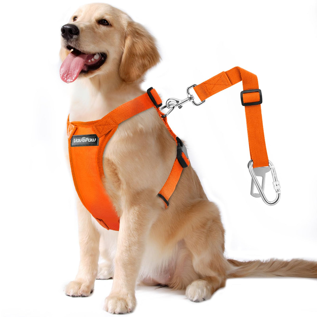 Arnés para perro en coche de color naranja, ajuste seguro de VavoPaw.