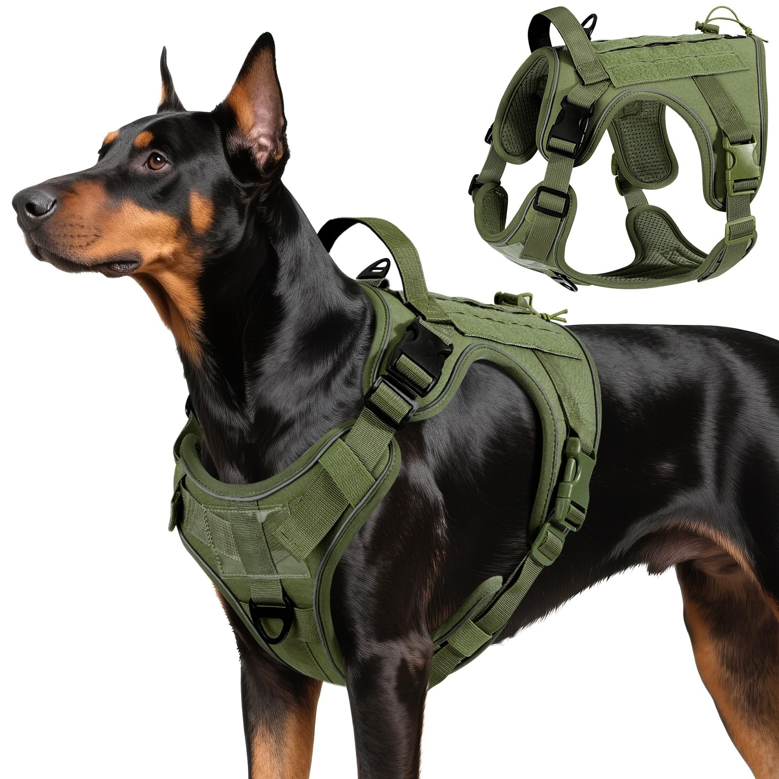 Arnés táctico VavoPaw para perros grandes, vista frontal para control preciso.