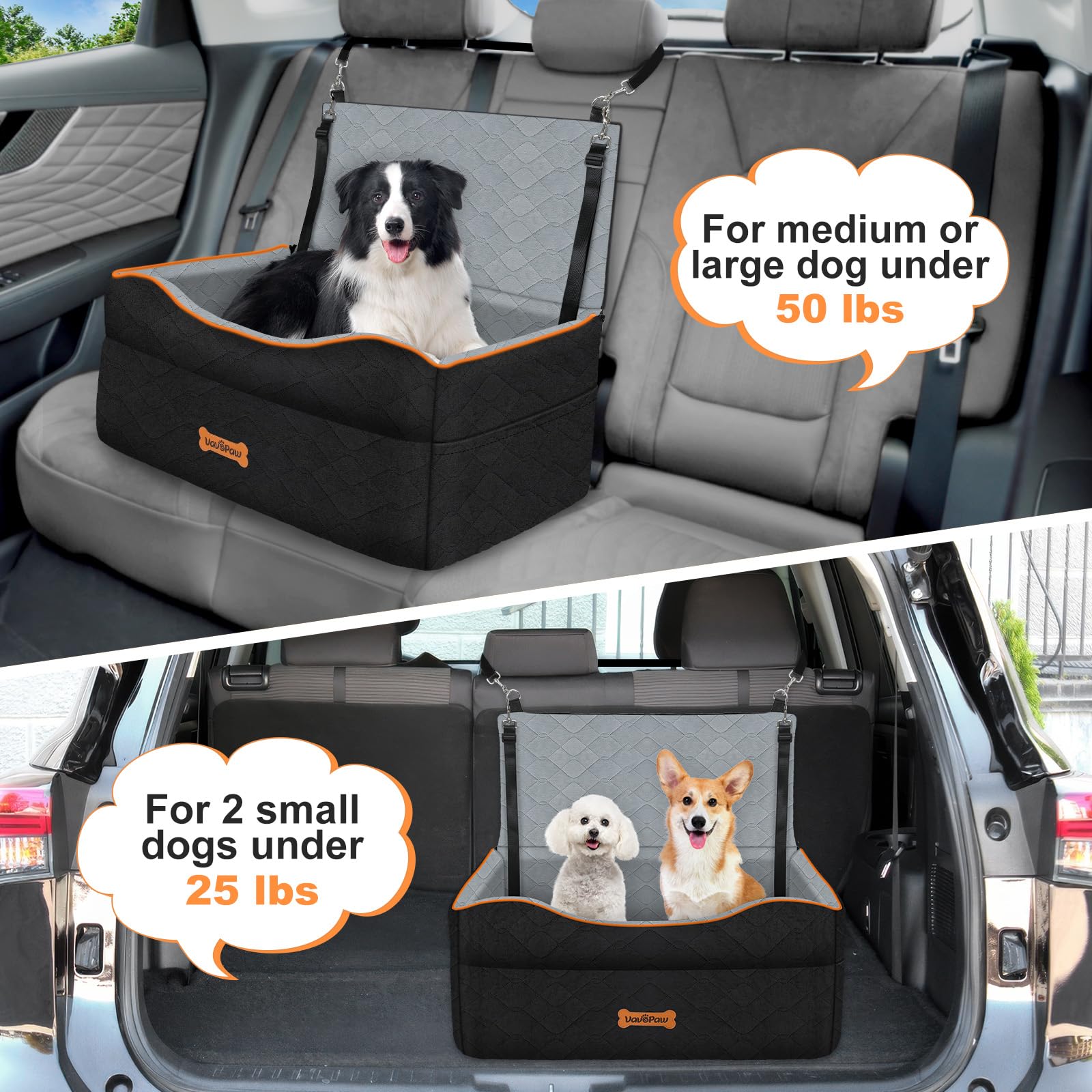 Asiento VavoPaw para perro mediano, fijaciones múltiples para estabilidad.