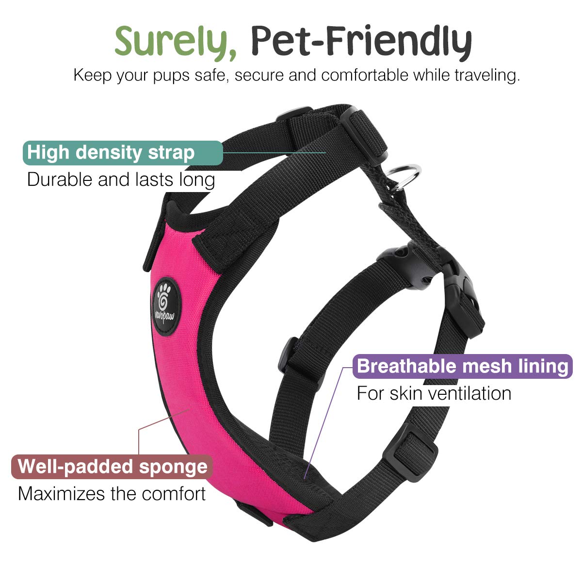 VavoPaw Chaleco de seguridad para perros magenta, ajuste cómodo para viajes prolongados.
