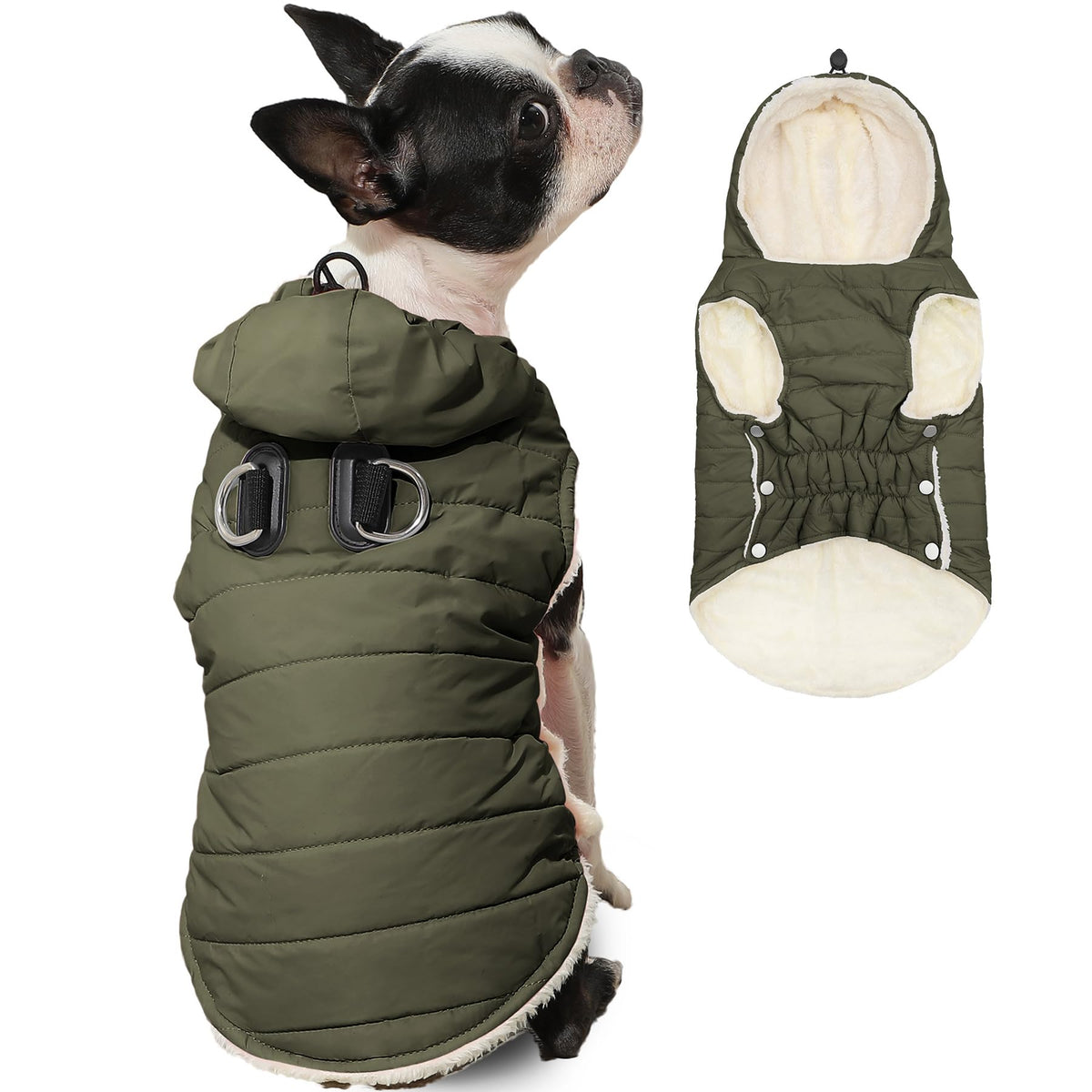 Vecomfy: sudadera para perro con arnés integrado y forro polar, ideal para paseos invernales.