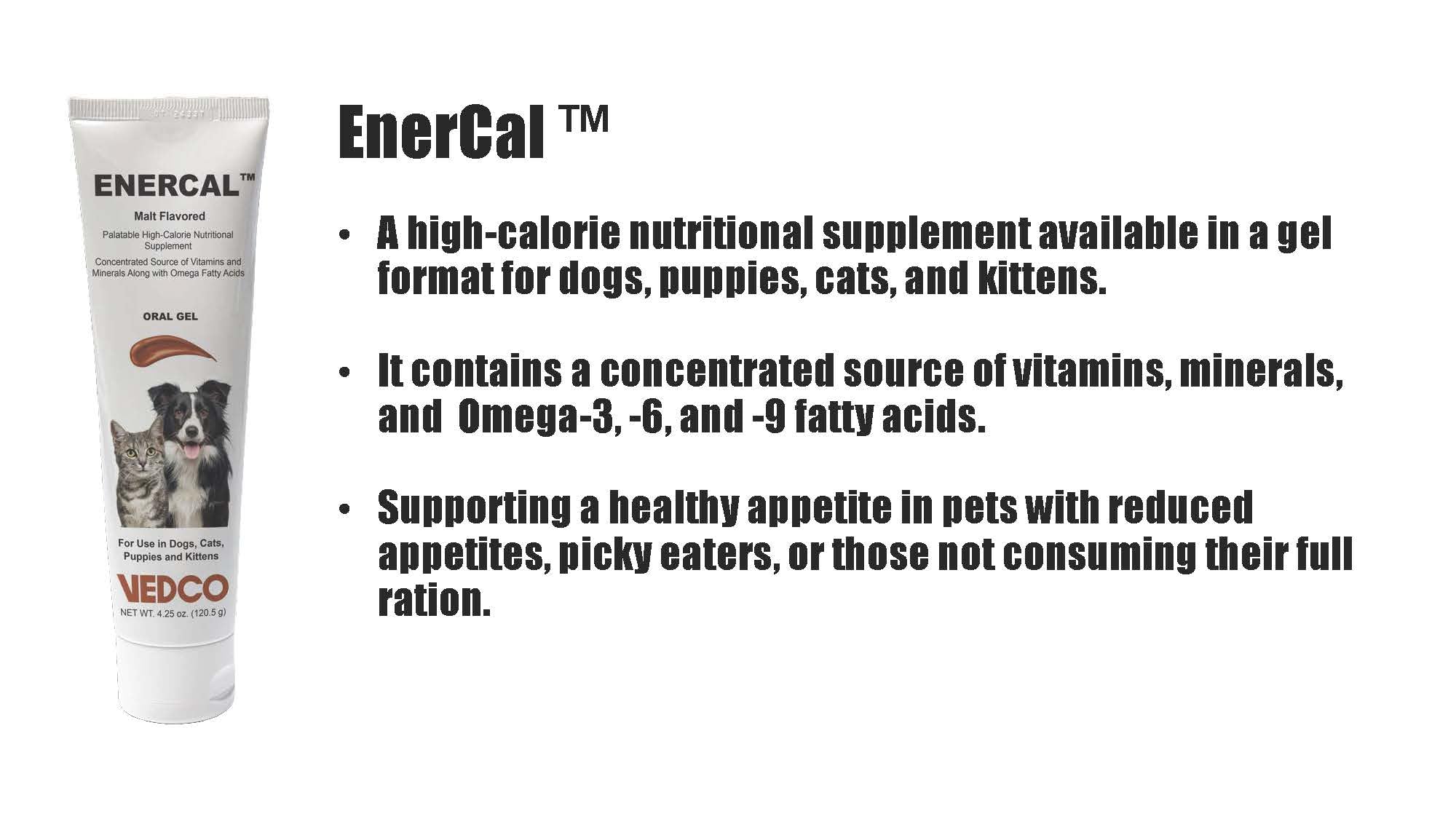 Vedco Enercal gel malt para perros y gatos, sabor que incentiva la ingesta.
