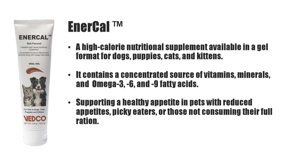 Vedco Enercal gel malt para perros y gatos, sabor que incentiva la ingesta.
