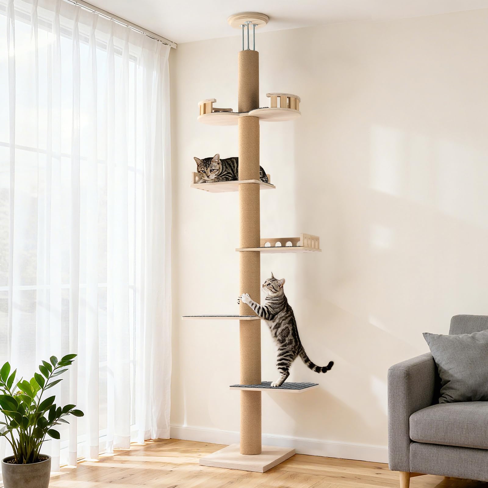 Veehoo arbol-gato piso-techo ajustable para alturas variables y seguridad.