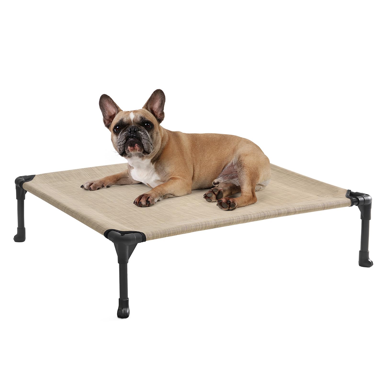 Cama elevada Veehoo para perros medianos con malla aireada para descanso cómodo al aire libre.