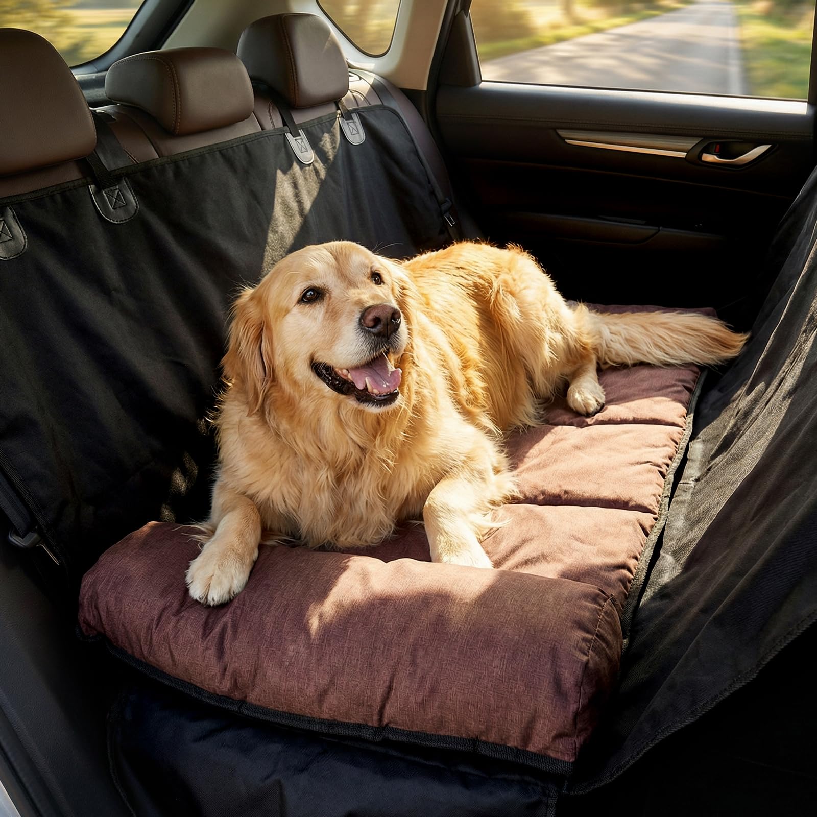 Cama para perro Veehoo con borde acolchado en el asiento trasero, seguridad y confort.