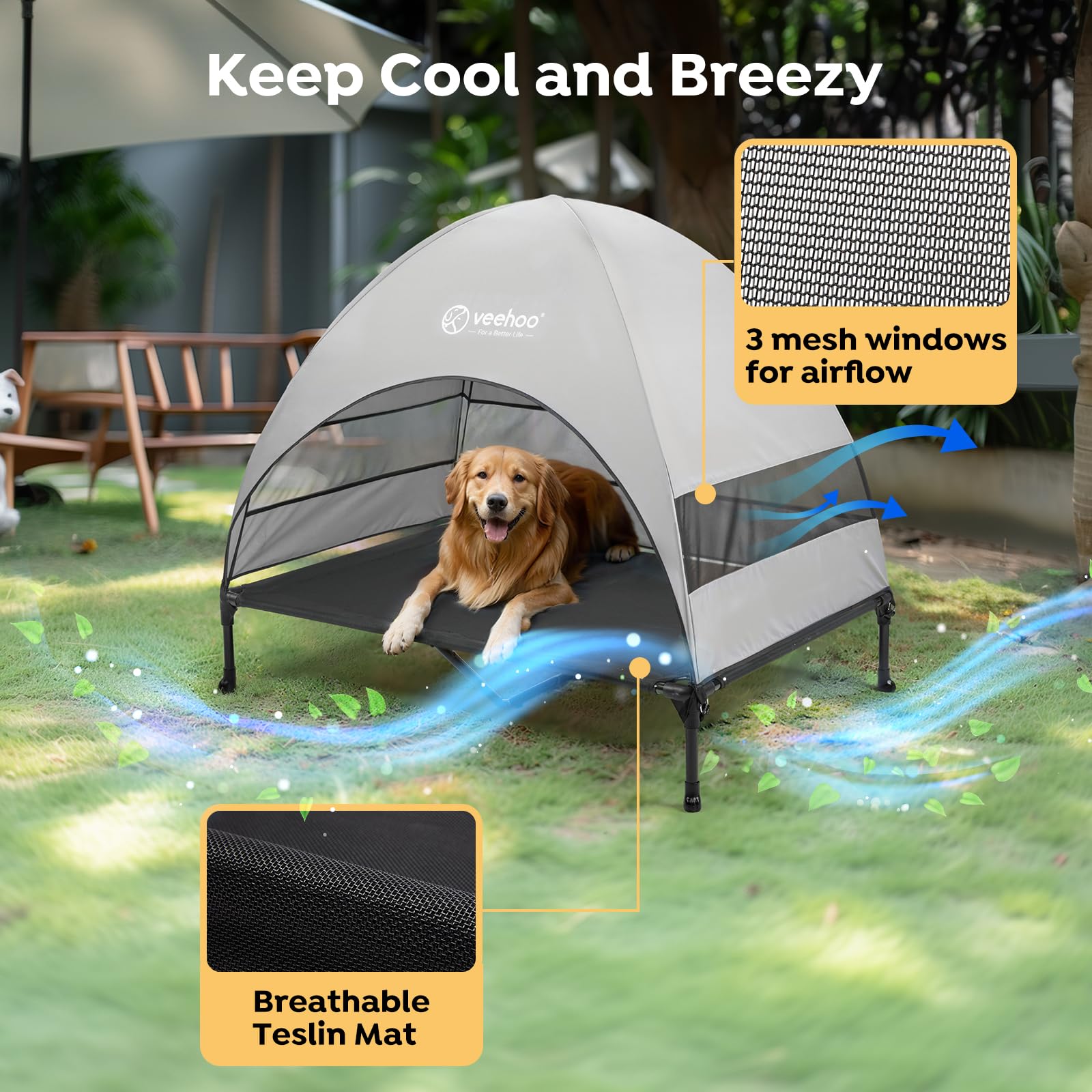 Cama para perro Veehoo usada en camping o playa con dosel