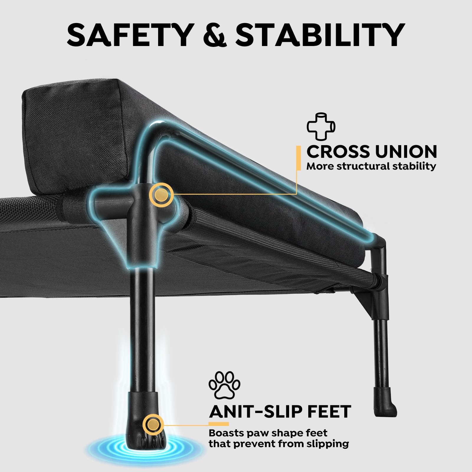 Cama elevada Veehoo con soporte triple, bordes acolchados para seguridad y confort.