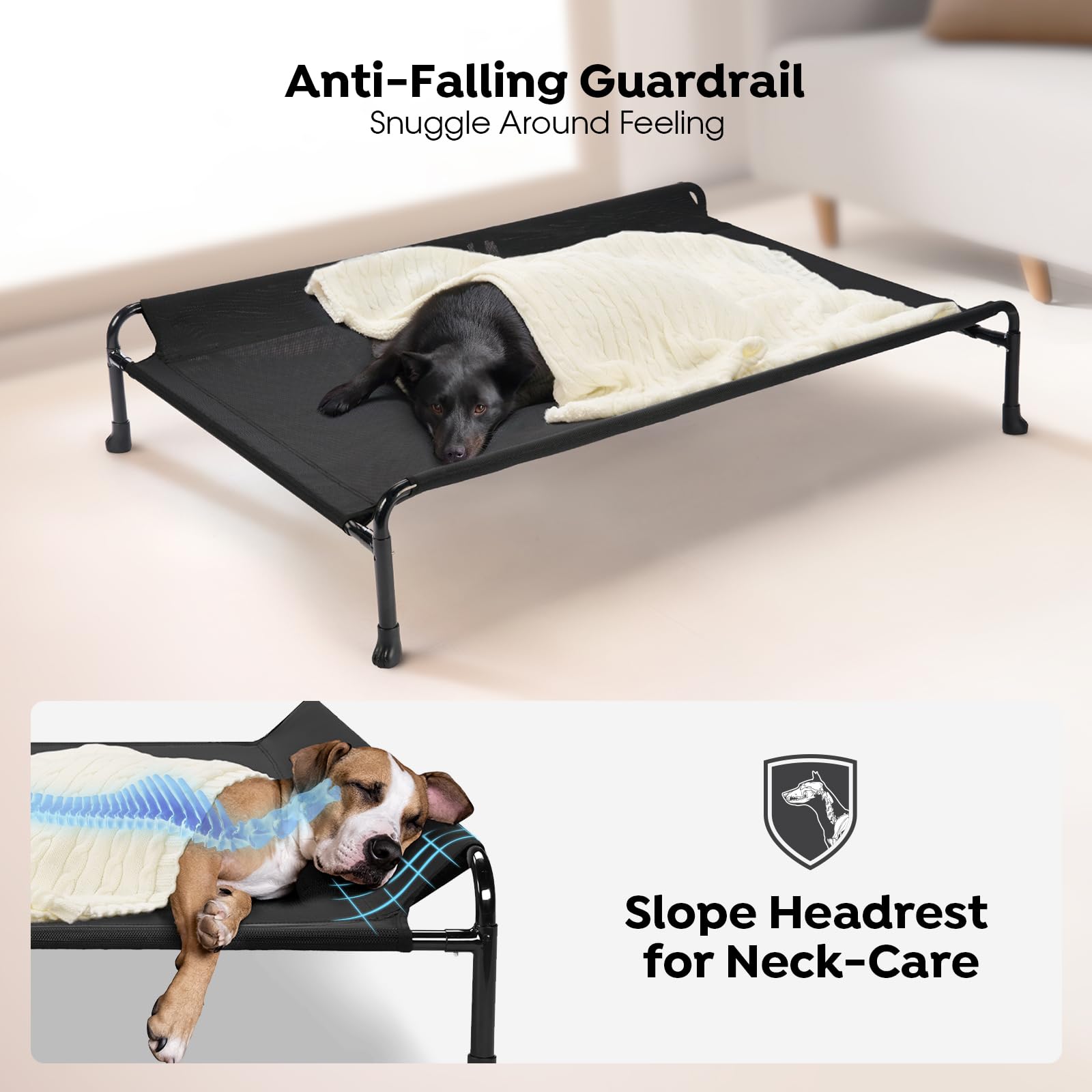 Cama Veehoo elevada negra con baranda para seguridad al dormir