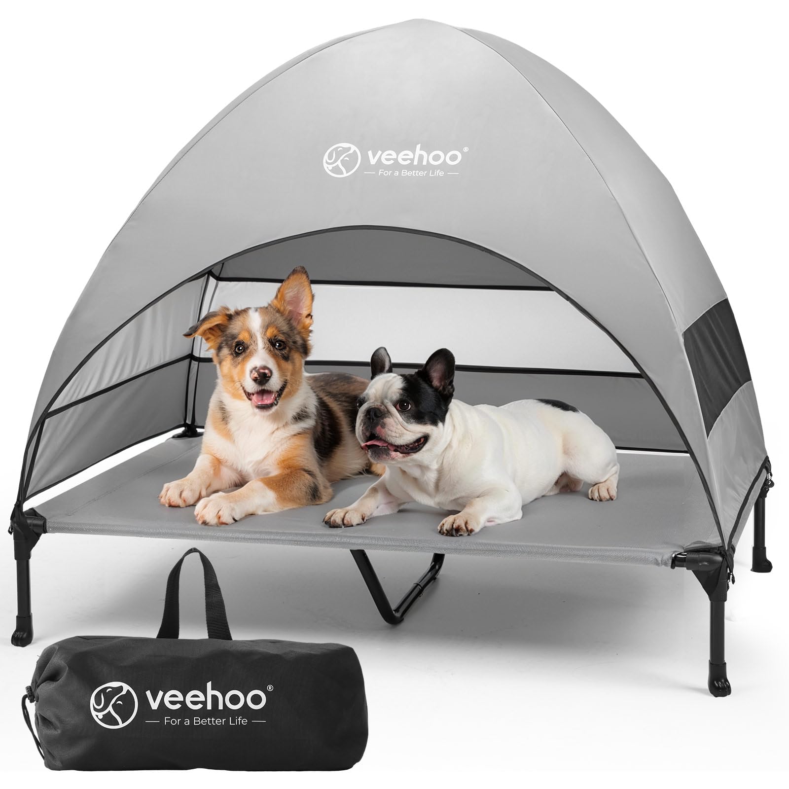 Cama exterior Veehoo para perros con cobertizo removible, sombra estable para días soleados.