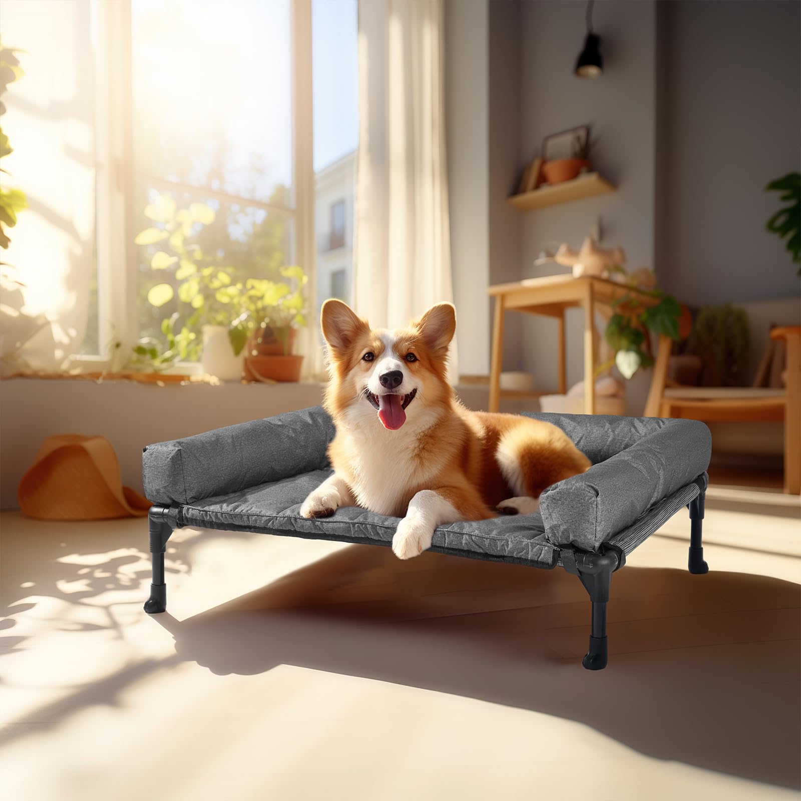 Uso interior y exterior con la cama Veehoo para perros, lista para aventuras.