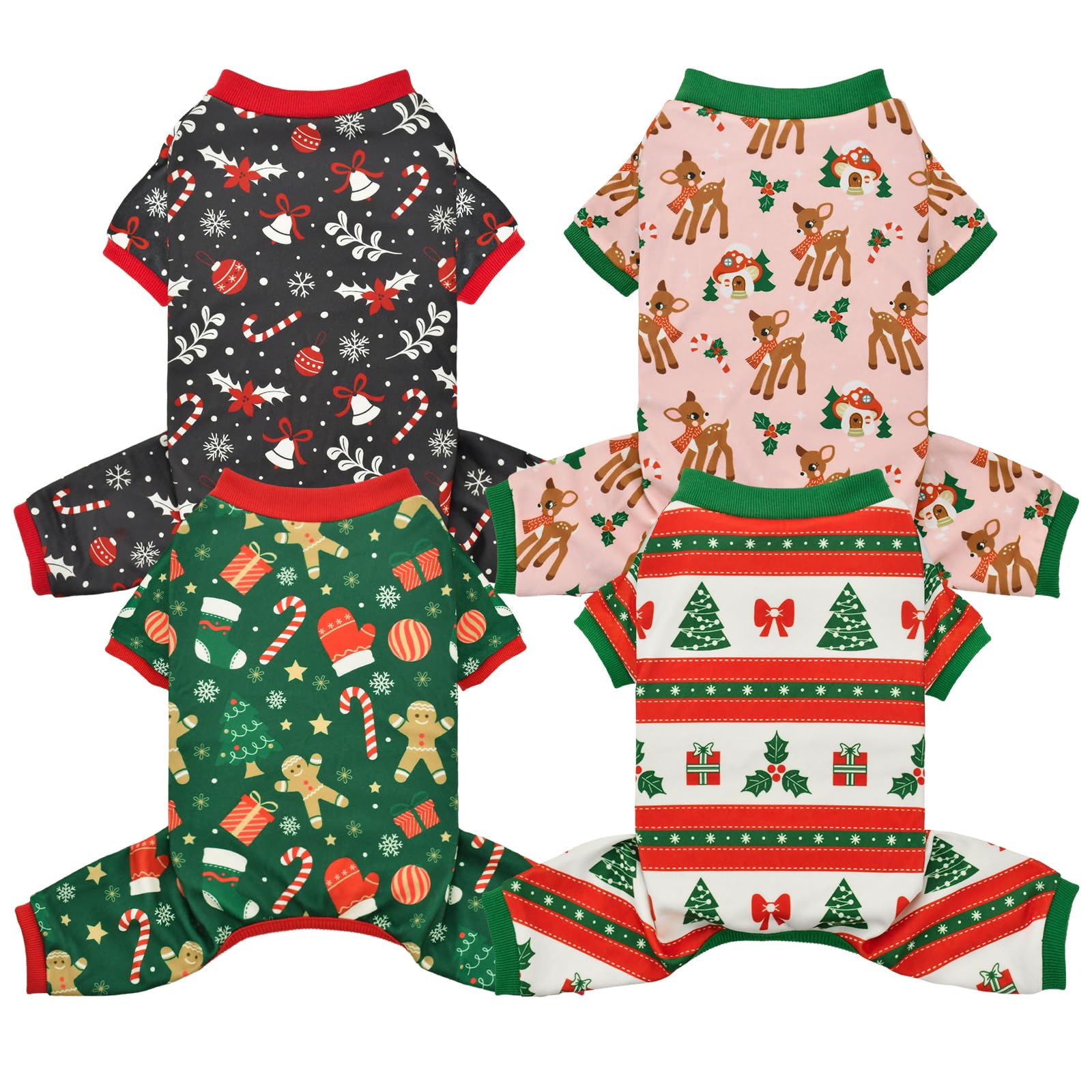 Vehomy pijamas para perros con temática navidad en 4 patrones, confort y calidez para paseos invernales.