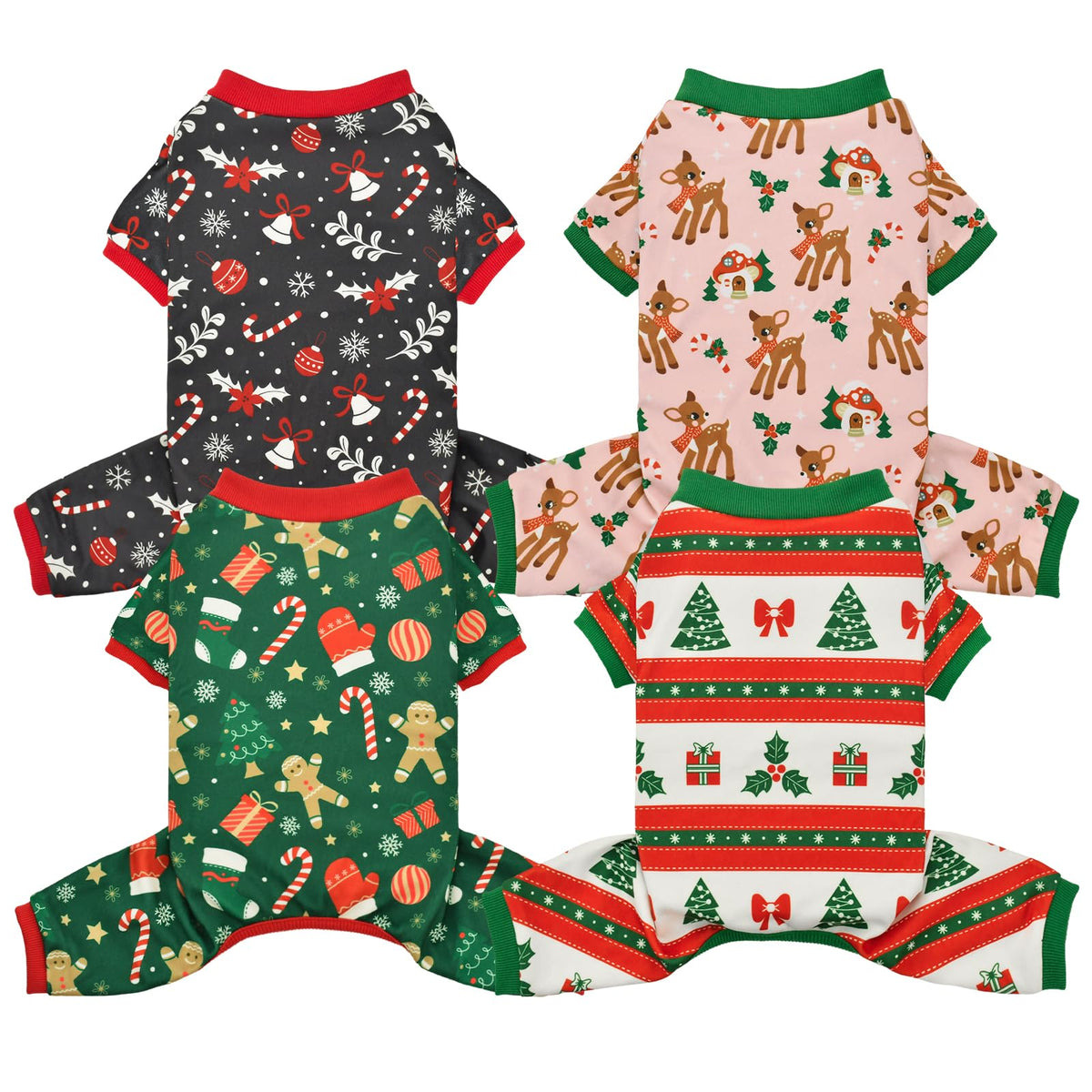 Vehomy pijamas para perros con temática navidad en 4 patrones, confort y calidez para paseos invernales.