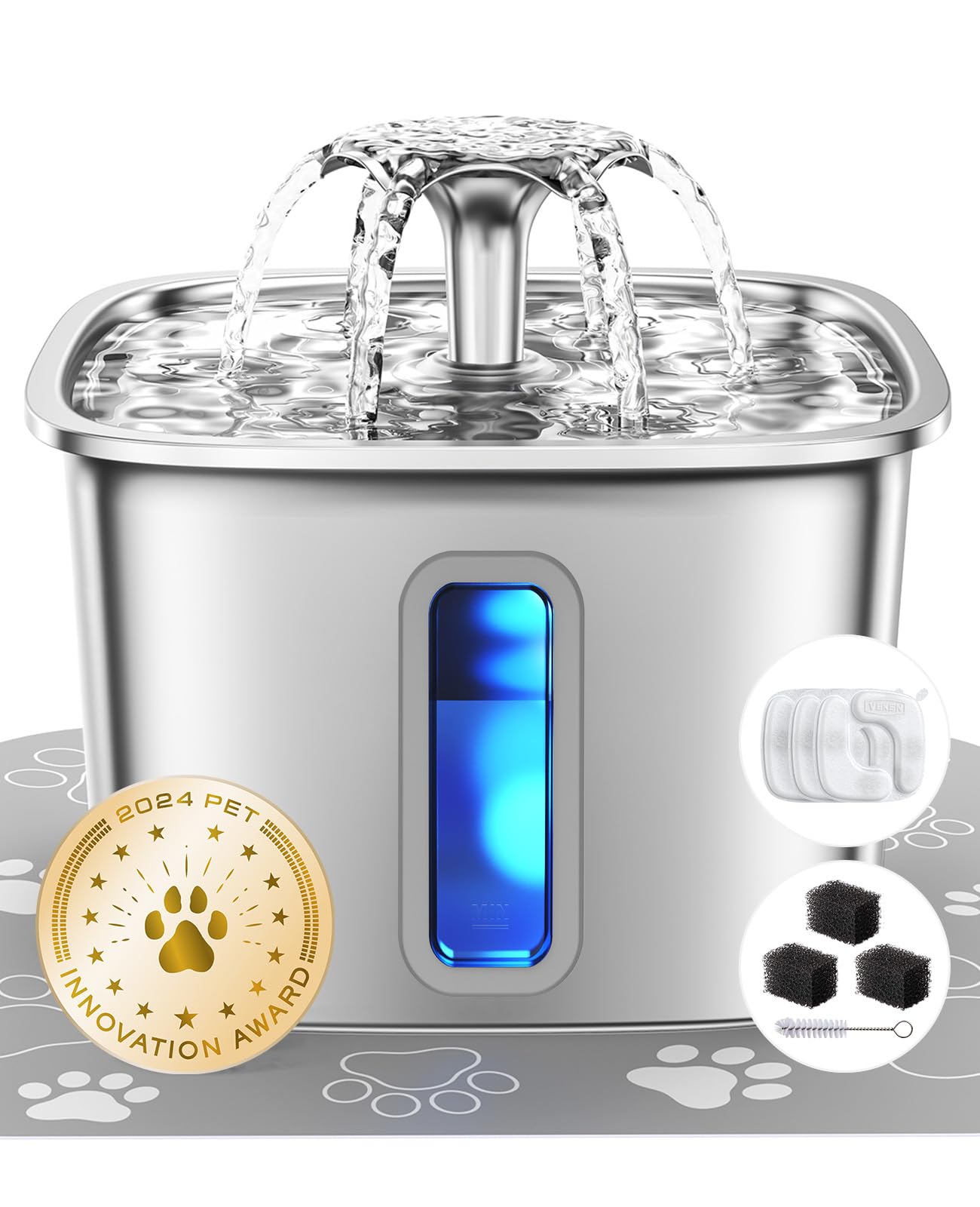 Bebedero de acero inoxidable Veken completo para mascotas con agua fresca y segura.