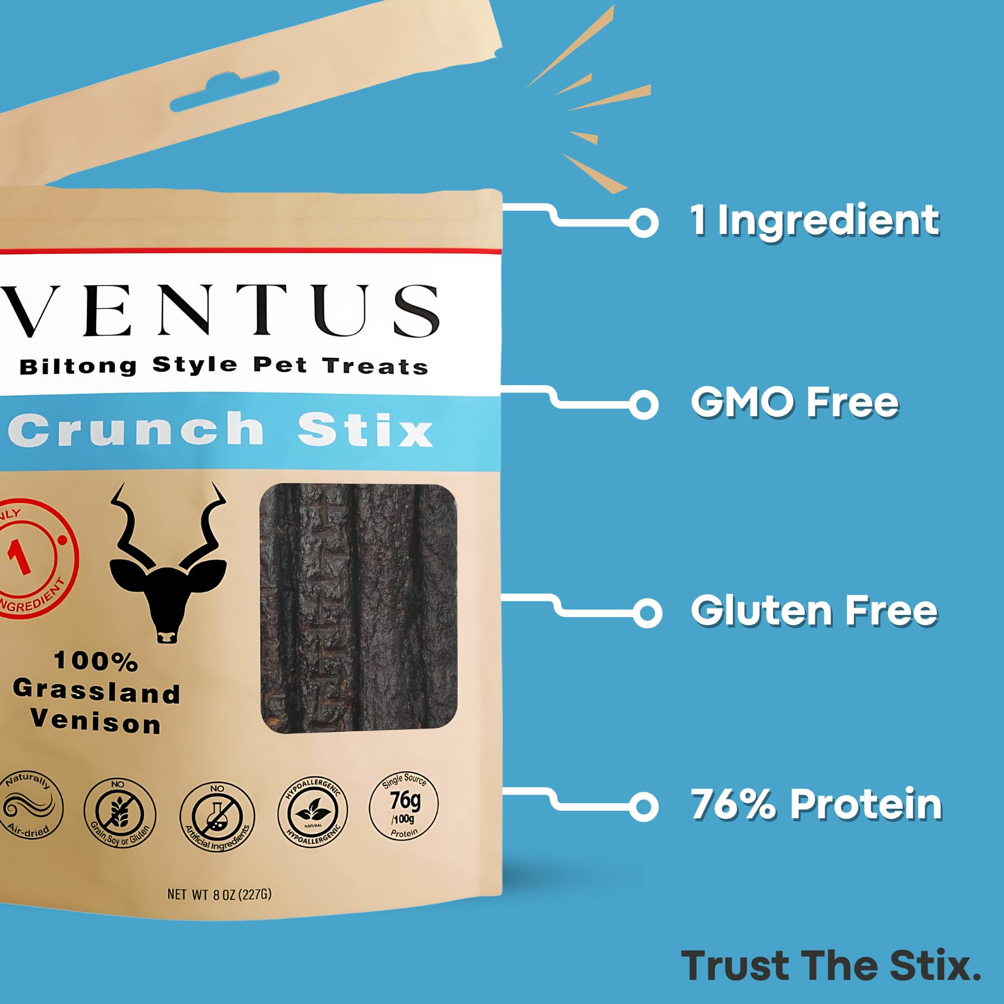 VENTUS: tiras de venado secas, perfectas para entrenamiento y recompensa.