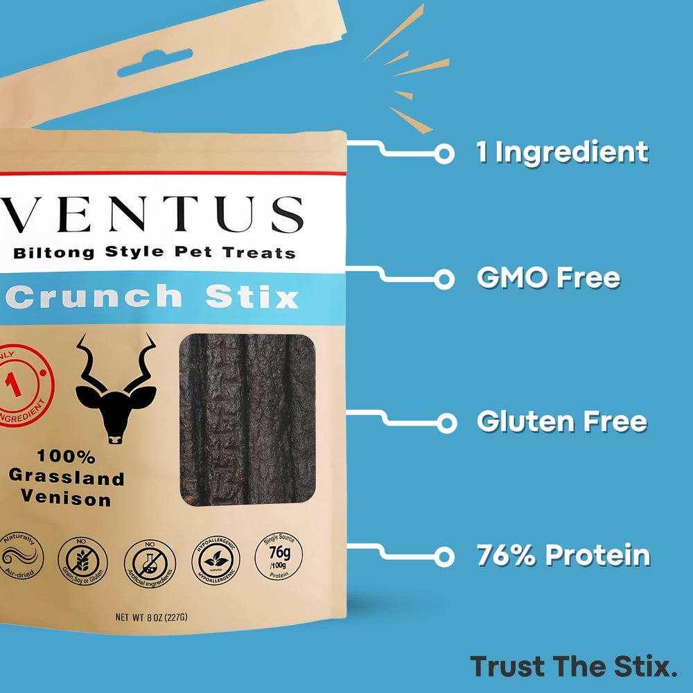 VENTUS: tiras de venado secas, perfectas para entrenamiento y recompensa.