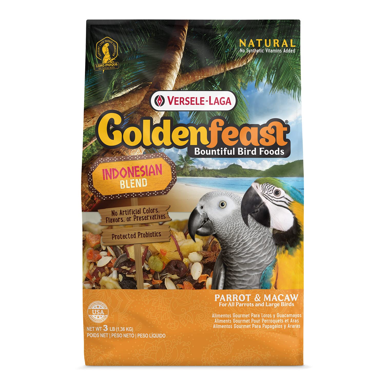 Versele-Laga Goldenfeast Indonesian Blend, bolsa de 1,36 kg, alimento variado para loros grandes.