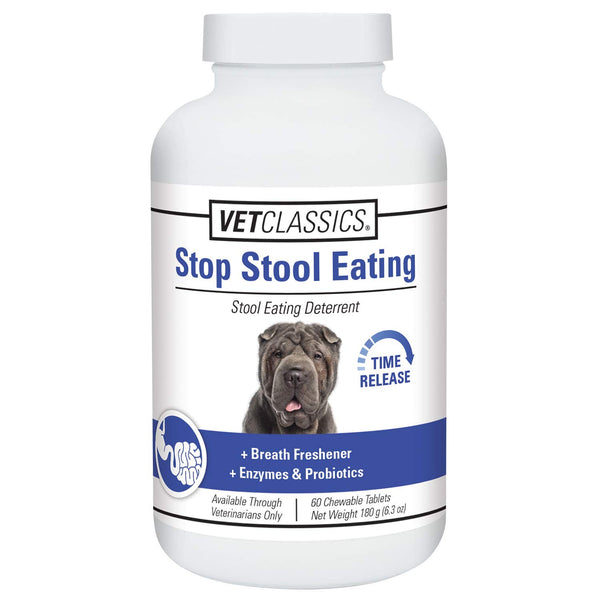 Vet Classics botella con tabletas detiene ingesta de heces para perros.