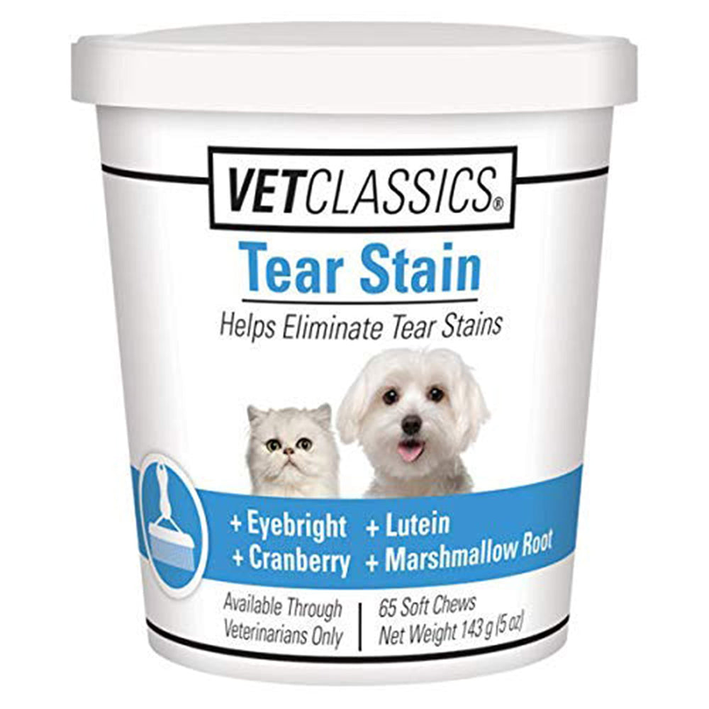 Vet Classics suplemento para manchas de lágrimas en perros y gatos, posible reducción de manchas.