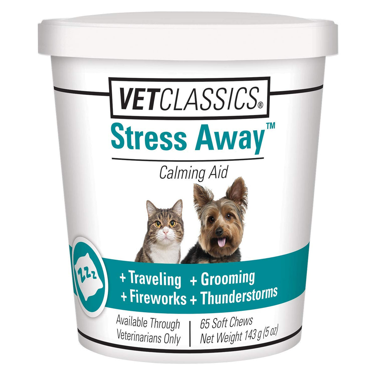 Vet Classics Stress Away botella con etiqueta calmante para perros y gatos.