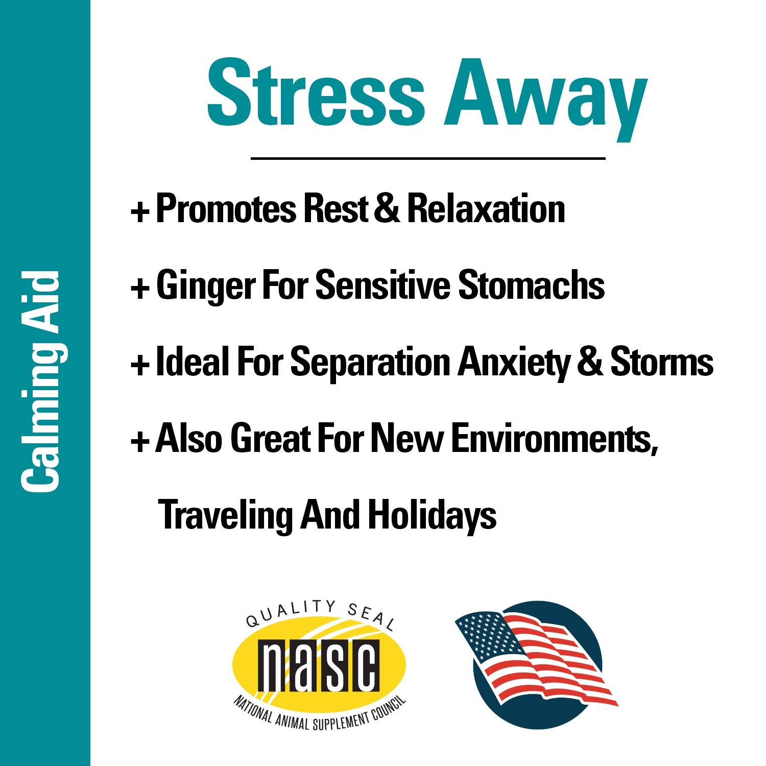 Envase de Vet Classics Stress Away con lista de ingredientes.
