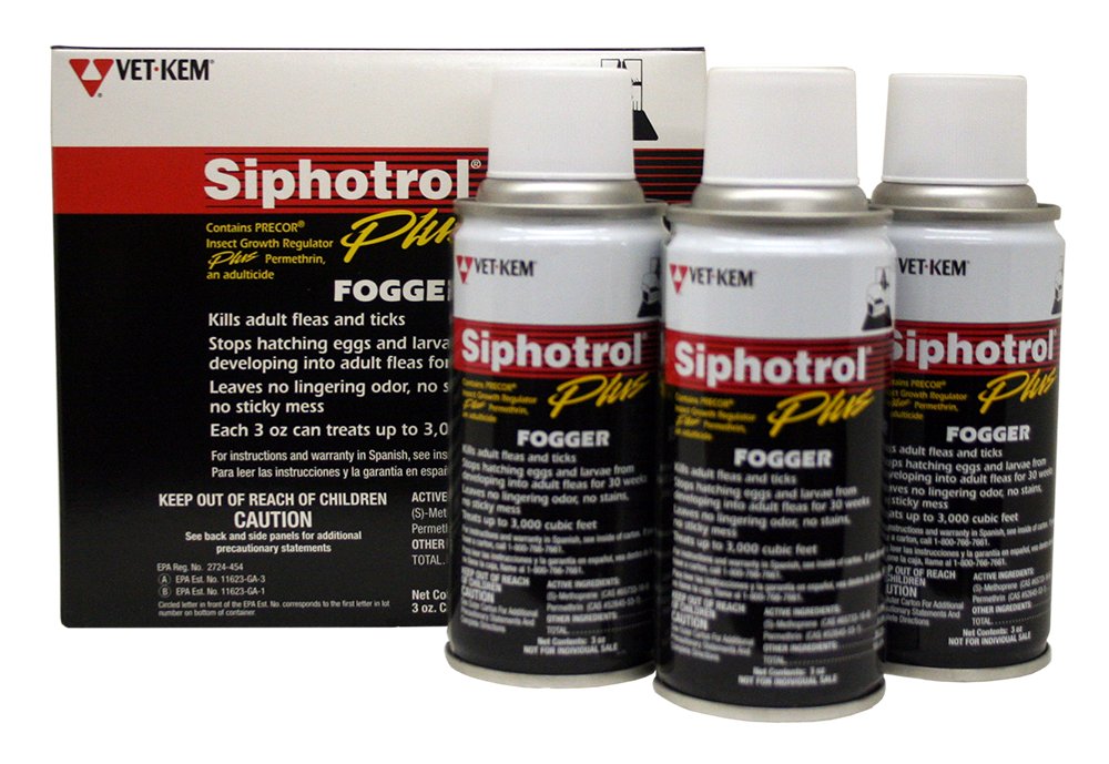 Vet-Kem Siphotrol Plus Fogger para pulgas y garrapatas en el hogar, previene reinfestaciones.