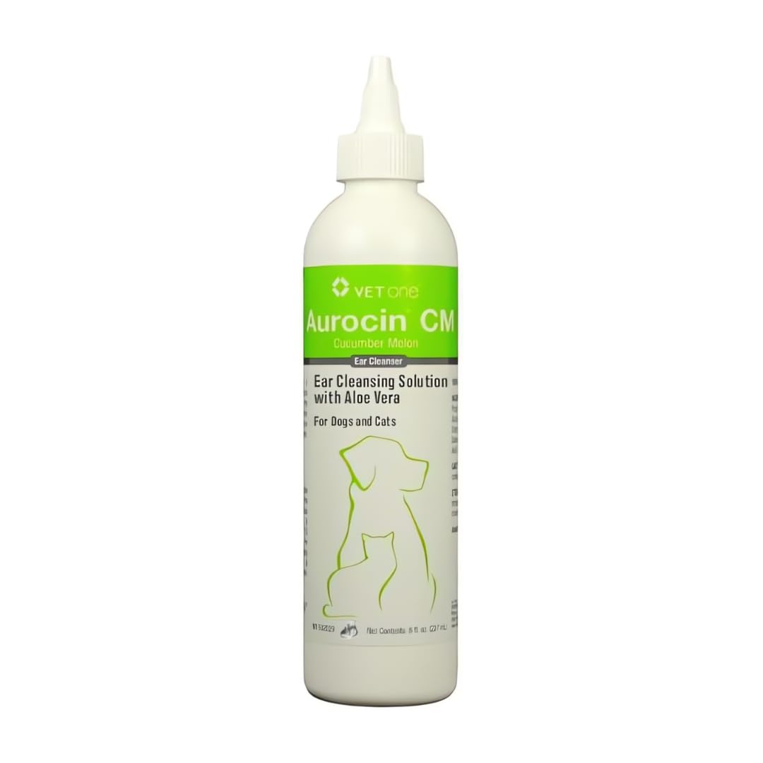 Frasco de Vet One Aurocin cm, limpiador suave para oídos de perros y gatos.