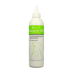 Frasco de Vet One Aurocin cm, limpiador suave para oídos de perros y gatos.