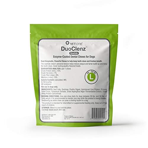 Vet One DuoClenz envase con masticables dentales sabrosos para perros grandes.