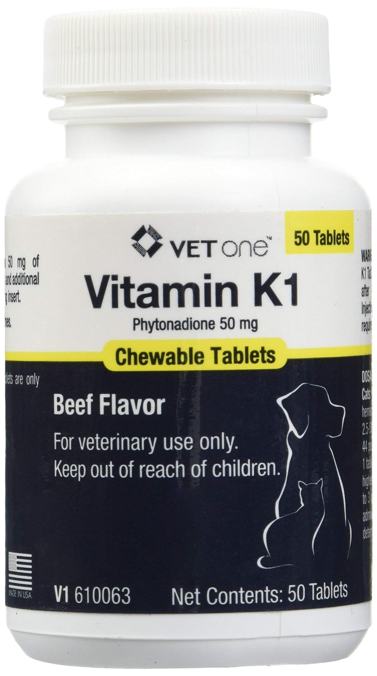 Vet One Vitamin K1, tabletas masticables, fácil administración para mascotas.