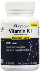 Vet One Vitamin K1, tabletas masticables, fácil administración para mascotas.