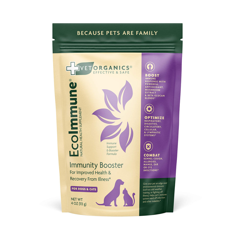 Vet Organics EcoImmune frasco y cuchara para dosis diaria en la comida.