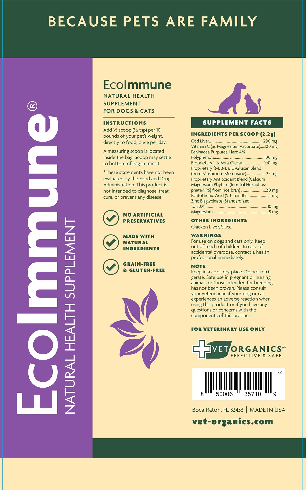 Vet Organics EcoImmune ingredientes naturales respaldando la nutrición.