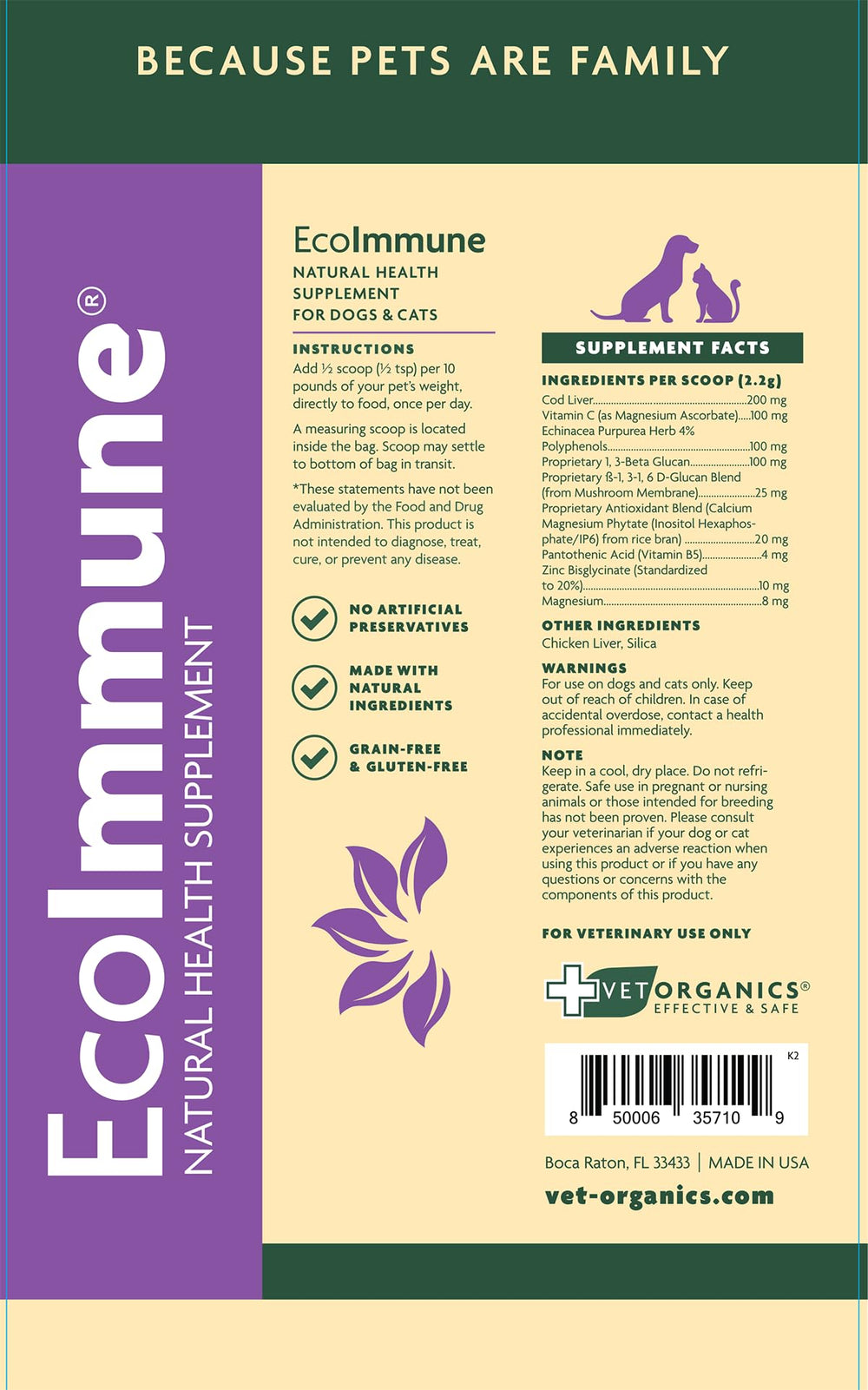 Vet Organics EcoImmune ingredientes naturales respaldando la nutrición.