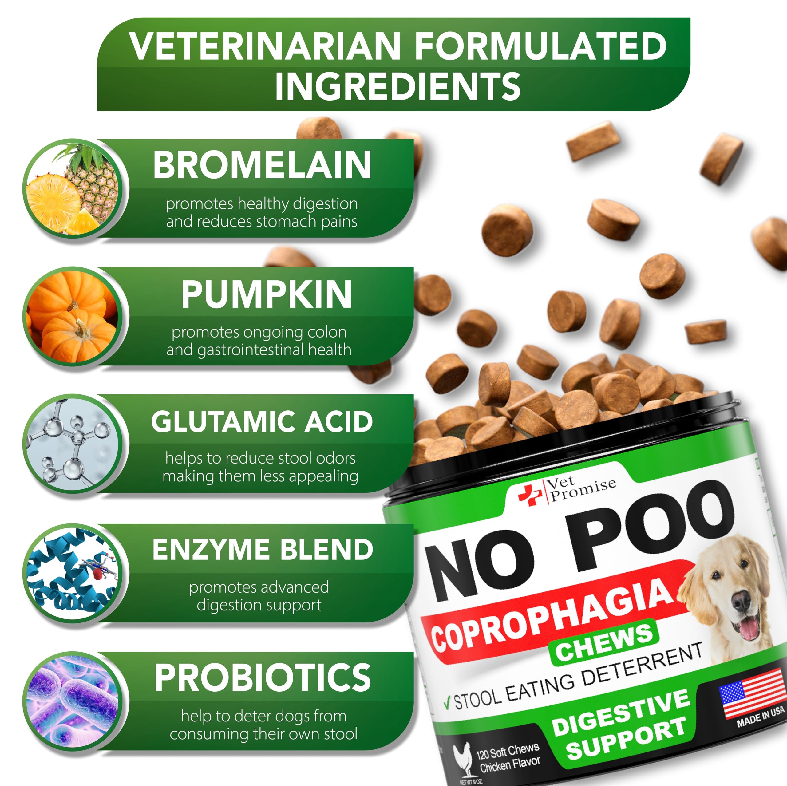 Vet Promise No Poo masticables, hecho en EE.UU. y formulado por veterinarios.