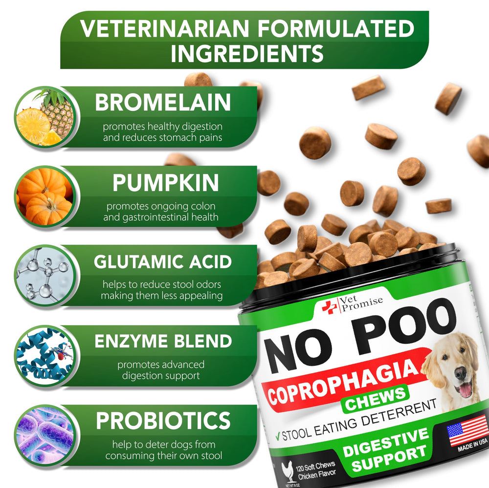 Vet Promise No Poo masticables, hecho en EE.UU. y formulado por veterinarios.