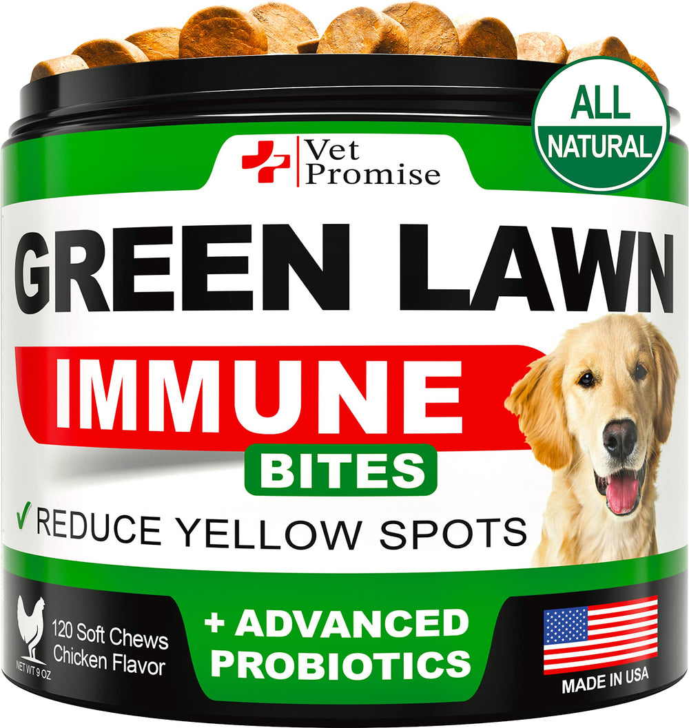Vet Promise galletas para césped, empaque visible, posibles soporte para césped verde.