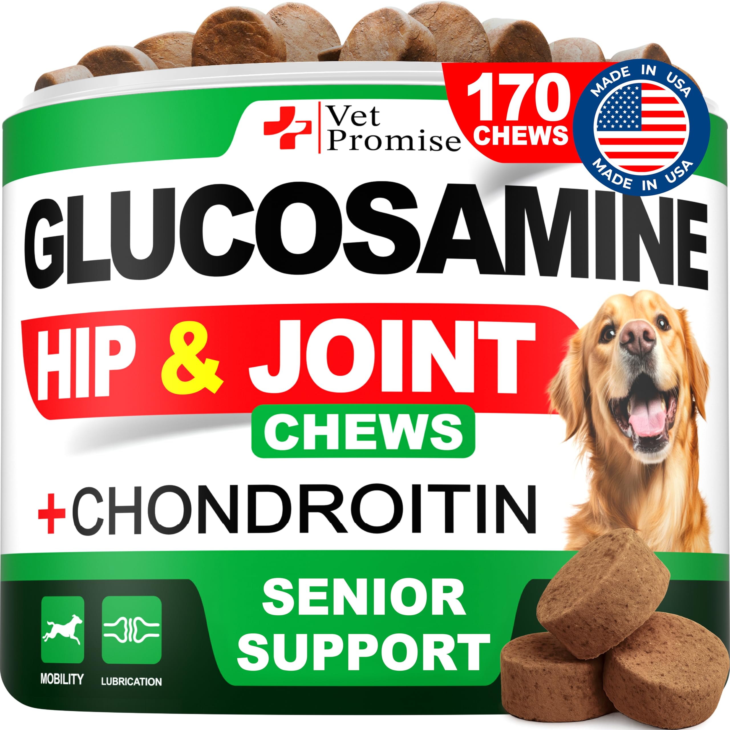 Vet Promise glucosamina para perros: masticables de 170 unidades, empaque práctico para movilidad diaria.