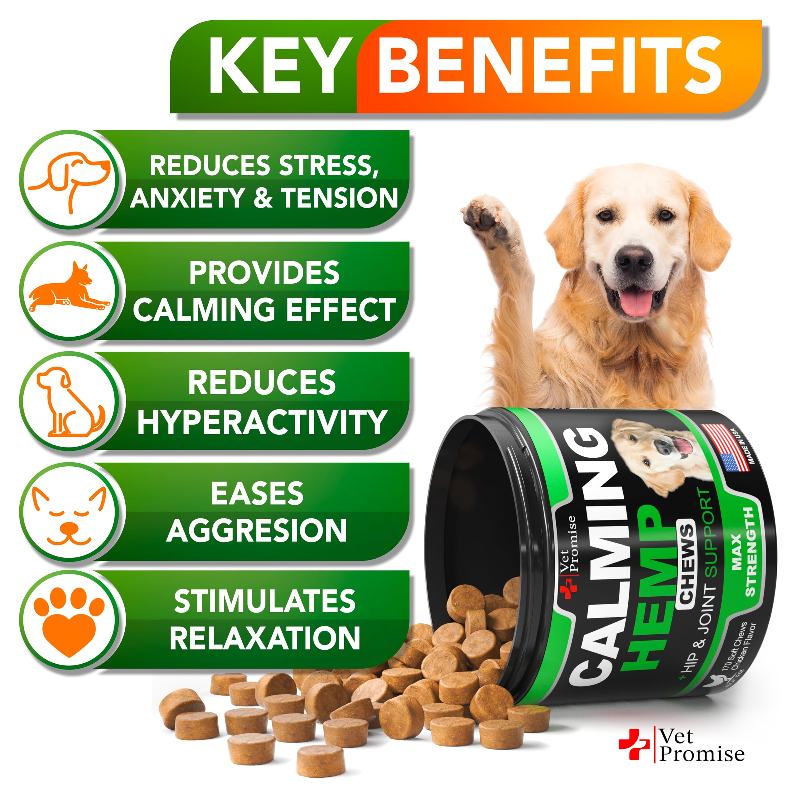 Vet Promise gominotas calmantes para perros, sabor agradable y alivio suave.