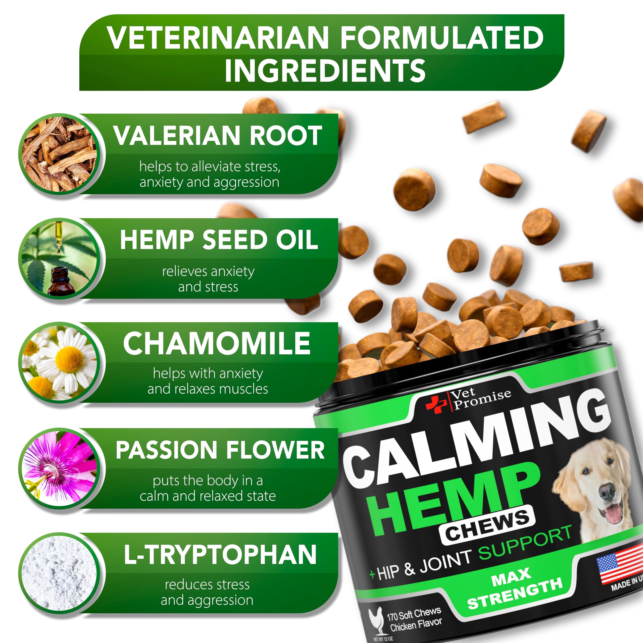 Vet Promise Ingredientes naturales en etiqueta, calma suave para tu perro.