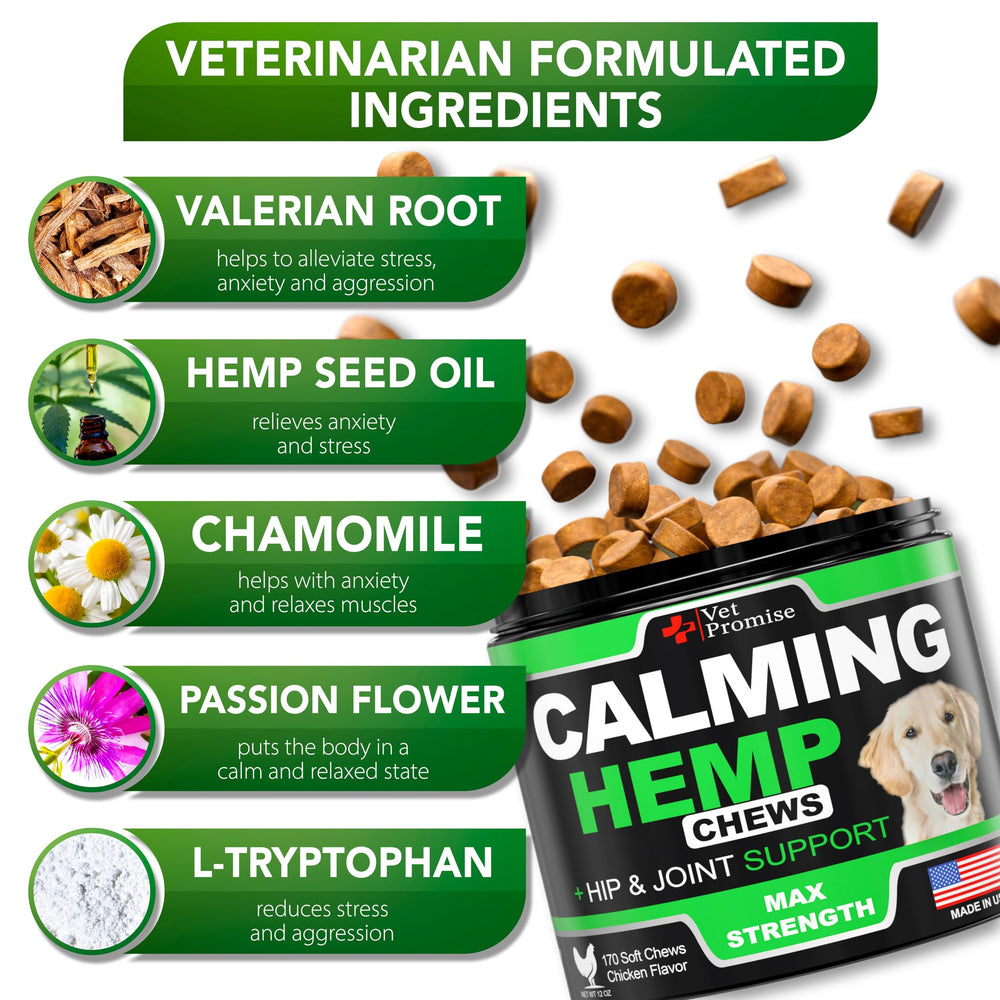 Vet Promise Ingredientes naturales en etiqueta, calma suave para tu perro.