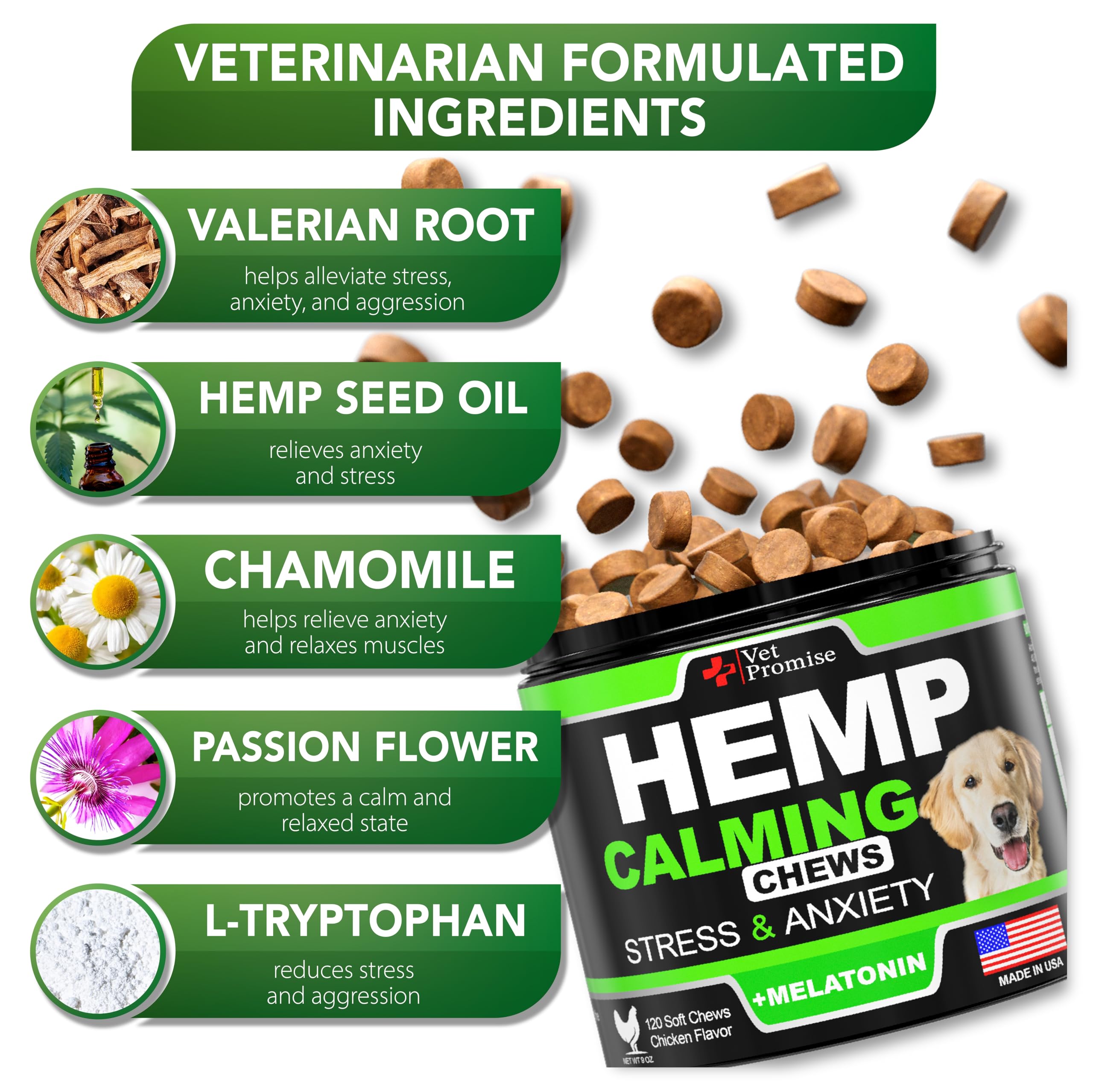 Vet Promise ingredientes naturales como valeriana para calma suave del perro