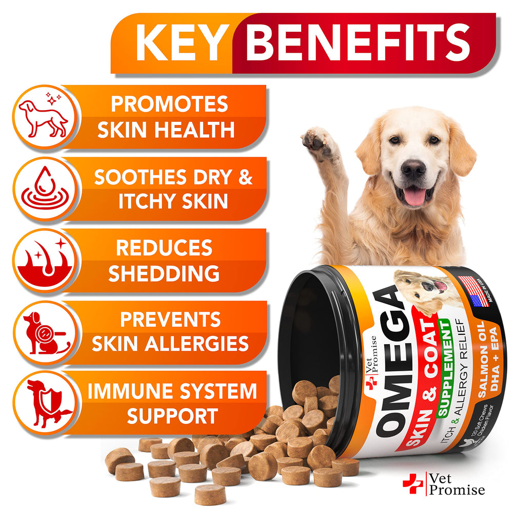 Golosinas Vet Promise Omega-3 para perros, ayuda al brillo del pelaje.