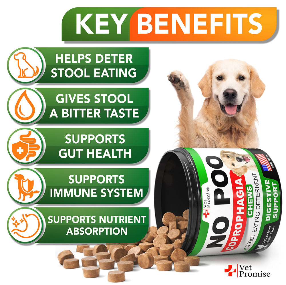Vet Promise No Poo masticables, probióticos y enzimas para una digestión más suave.